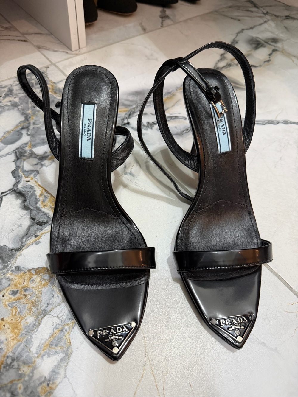 Prada Black Patent Leather Pointed-Toe Slingback Heels